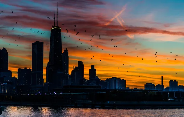 Картинка небо, закат, здания, небоскребы, USA, америка, чикаго, Chicago