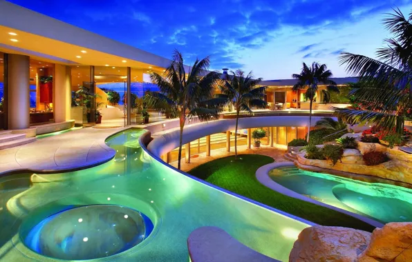 Картинка дом, пальмы, вилла, бассейн, камни., pool, villa, экстерьер