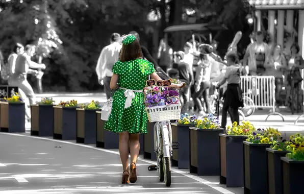 Картинка девушка, цветы, велосипед, горошек, платье, flower fairy, цены