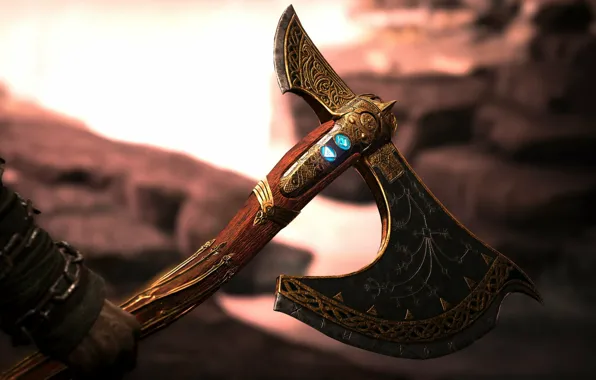 Axe, god of war, weapon, kratos, snow, man, blade, cool