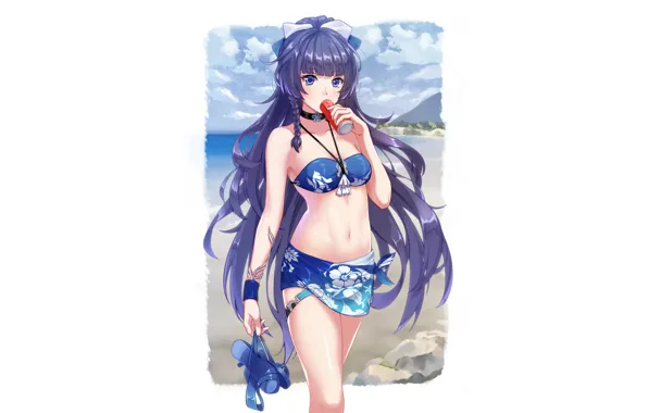 Girl, beach, coca-cola, sky, legs, sea, breast, anime