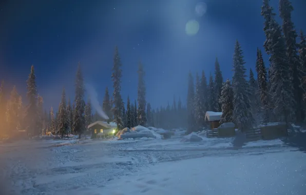 Картинка зима, снег, деревья, ночь, Швеция, деревушка, Sweden, Lapland