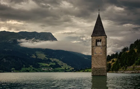 Tower, Italy, mountains, clouds, village, clock, countryside, bell