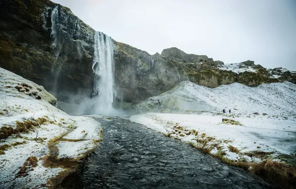 Картинка водопад, река, снег, горы