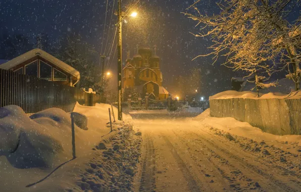 Дома, Снег, Snow, Houses, Winter Night, Зимняя ночь