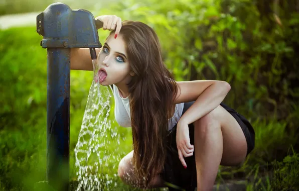Лето, вода, девушка, портрет, гидрант
