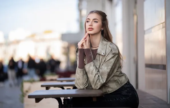 Девушка, поза, руки, куртка, длинные волосы, Дмитрий Шульгин, Ксения Гальчук