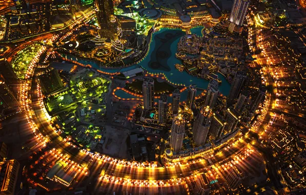 Город, огни, вечер, Дубай, Dubai, ОАЭ, башня Бурдж-Халифа