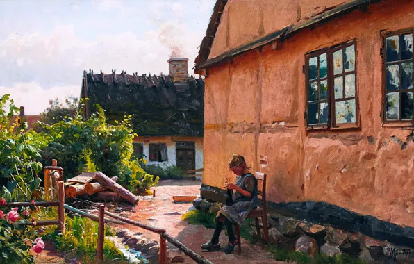 Дома, Девушка, Картина, Peder Mork Monsted, Петер Мёрк Мёнстед, Peder Mørk Mønsted, Датский живописец, Вяжущая …