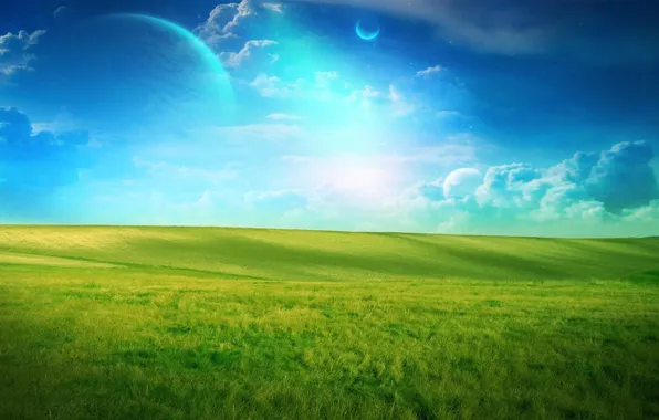 Картинка поле, облака, зеленый, планета