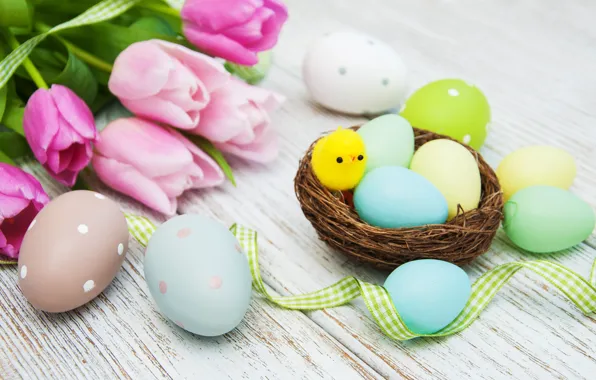 Цветы, яйца, весна, colorful, Пасха, тюльпаны, happy, wood