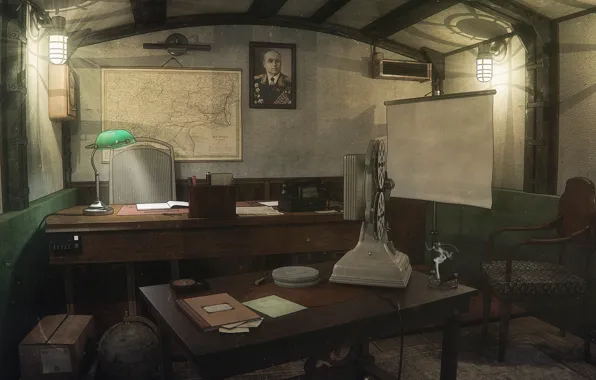 Картинка стол, лампа, карта, портрет, Underground cabinet, cabinet in bunker