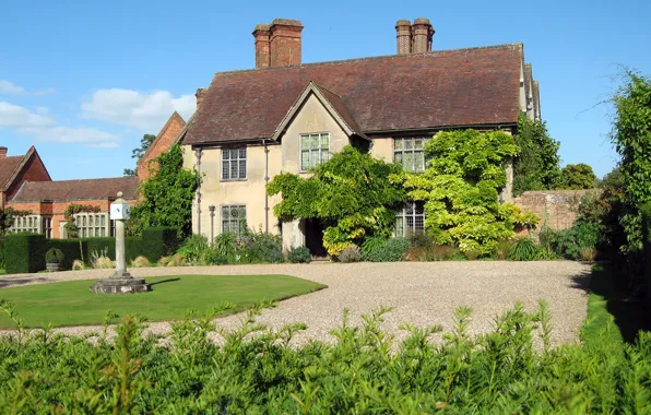Зелень, дом, газон, двор, Великобритания, гравий, кусты, Packwood House