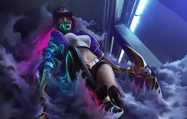 Девушка, Дым, Оружие, Akali, Кепка, League Of Legends, Video Game, Бандана