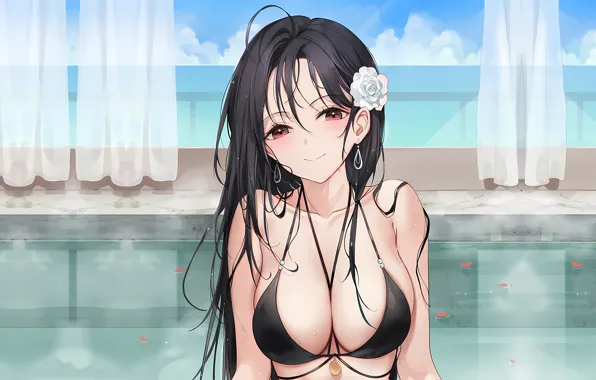 Girl, sexy, wet, pool, cleavage, long hair, boobs, anime