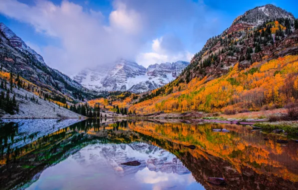 Осень, деревья, горы, озеро, Колорадо, США, Аспен
