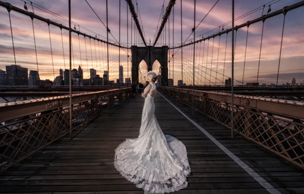 Девушка, мост, платье, азиатка, невеста