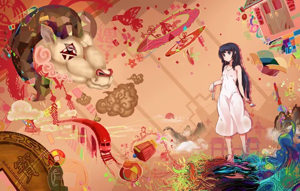 Картинка девушка, животное, аниме, арт, mianbaoshi mengxiang