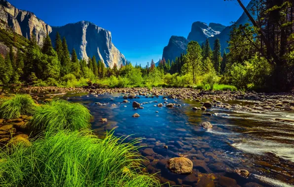 Пейзаж, горы, природа, река, Йосемити, национальный парк, заповедник, Мерсед