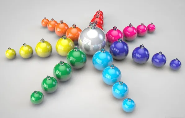 Картинка шарики, лучи, праздник, игрушки, звезда, цвет, новый год