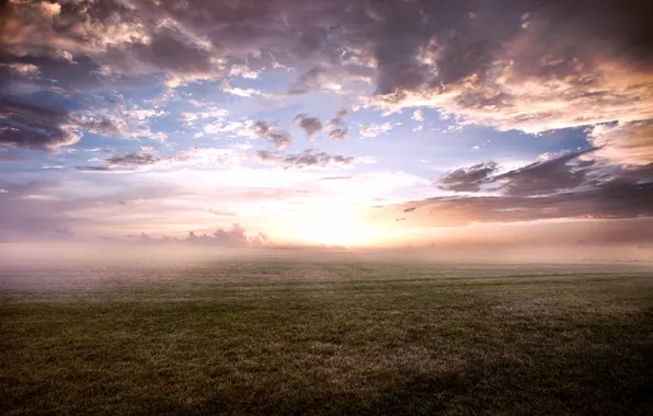 Небо, трава, облака, туман, утро