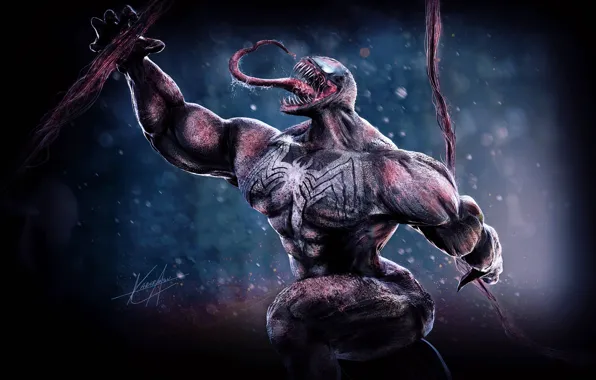Язык, слюна, копьё, комиксы, Веном, Venom, симбиот, 3д графика