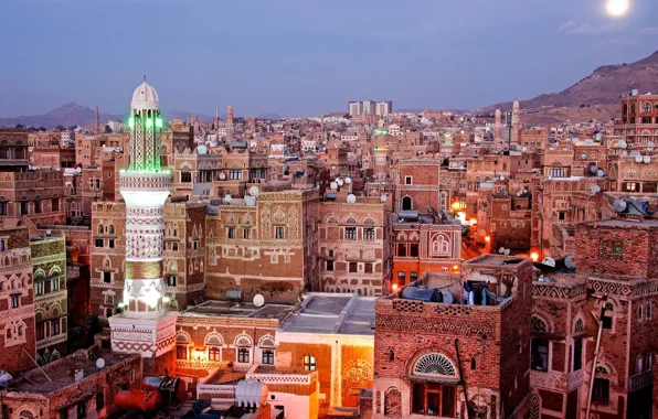 Картинка city, lights, twilight, sunset, bricks, mountains, evening, sun