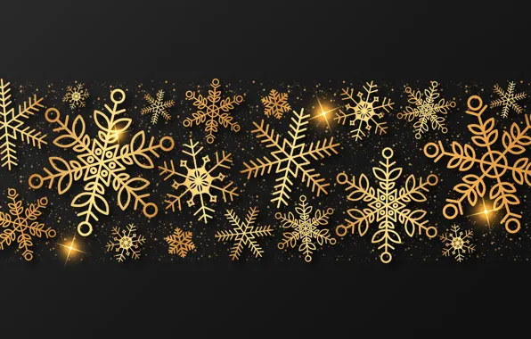 Зима, снежинки, золото, Новый Год, Рождество, golden, черный фон, gold