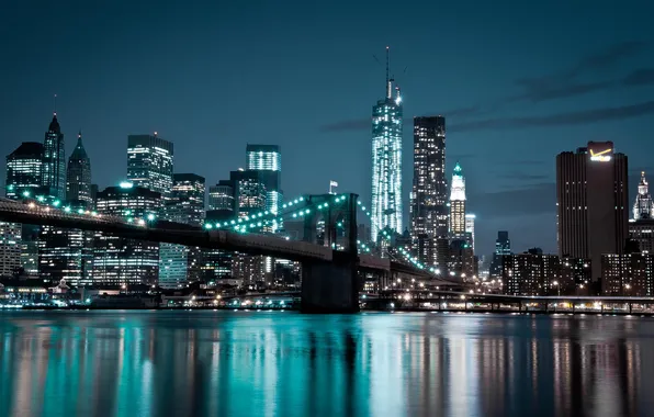 Мост, огни, река, дома, вечер, Manhattan, New York City, World Trade Center