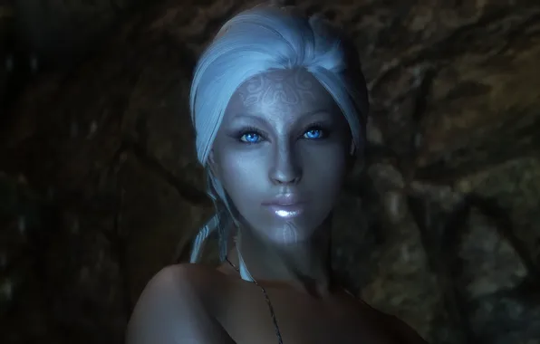 Картинка взгляд, девушка, лицо, узоры, белые волосы, скайрим, Skyrim, The Elder Scrolls V
