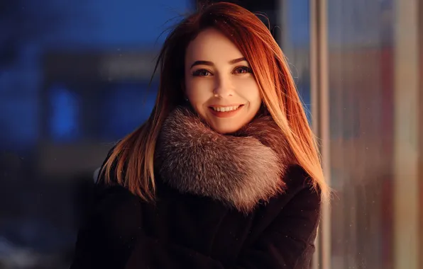 Зима, взгляд, девушка, улыбка, волосы, рыжий, мех