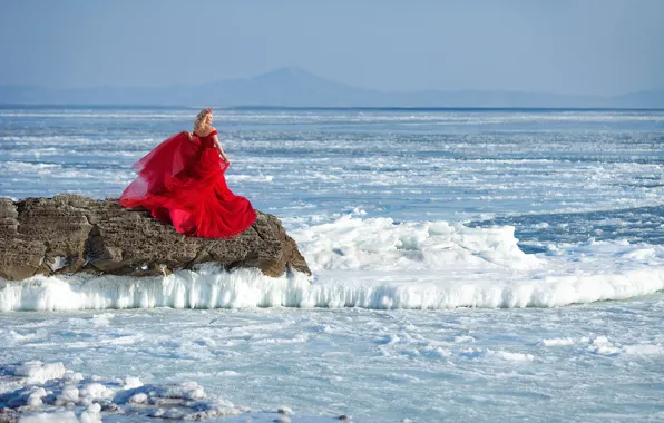 Картинка зима, девушка, настроение, лёд, красное платье, Ивга Фотограф