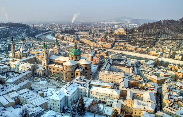 Картинка зима, снег, горы, река, Австрия, панорама, дымка, Salzburg