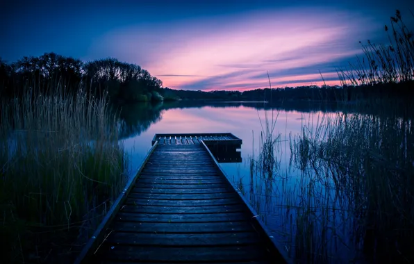 Картинка озеро, рассвет, Англия, утро, мостик, Графство Уилтшир