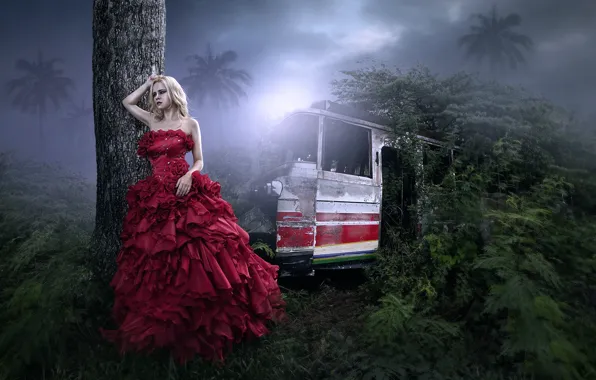 Картинка девушка, фантазия, джунгли, арт, автобус, в красном