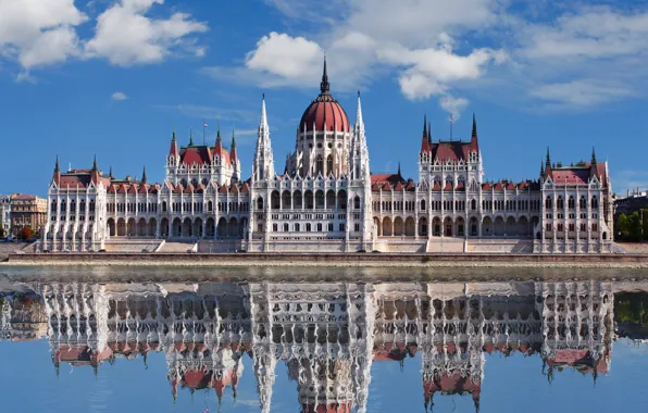 Вода, озеро, отражение, здание, парламент, будапешт, венгрия