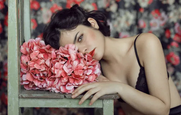 Взгляд, девушка, цветы, лицо, модель, волосы, стул, белые
