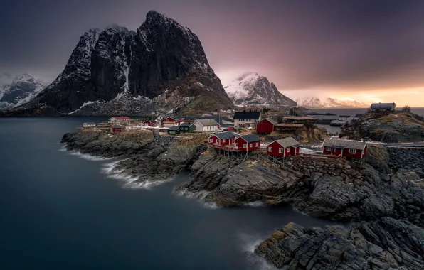 Картинка горы, скалы, Норвегия, поселок, фьорд, Лофотенские острова