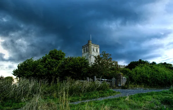 Трава, тучи, Нью-Йорк, дорожка, церковь, США, кусты, church st. Mary the Virgin