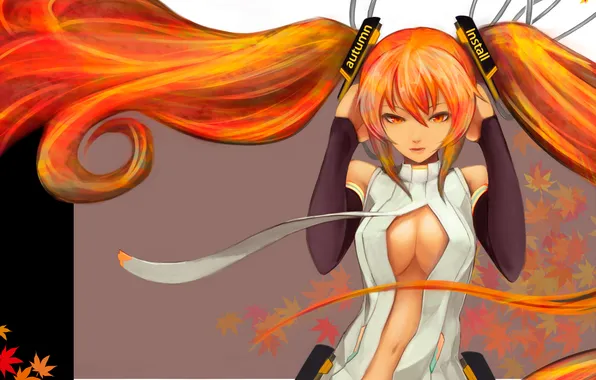Осень, листья, девушка, абстракция, арт, vocaloid, hatsune miku, miku append