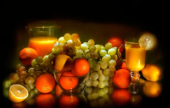 Картинка свечение, апельсины, сок, виноград, лимоны