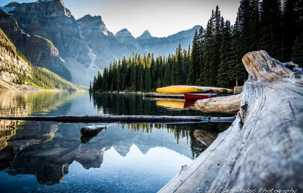 Картинка лес, снег, горы, озеро, вершины, Канада, каное