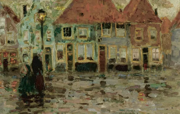 Дома, картина, площадь, фонарь, городской пейзаж, Henri Le Sedaner, Анри Ле Сиданэ, The Square of …
