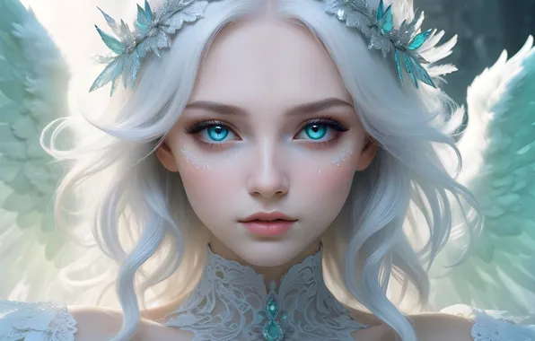 Картинка girl, fantasy, wings, blue eyes, angel, digital art, artwork, fantasy art