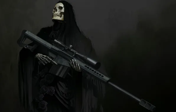 Картинка оружие, череп, фэнтези, арт, скелет, капюшон, прицел, снайперская винтовка