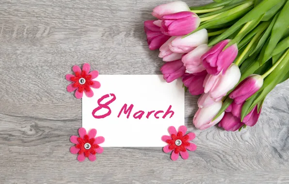 Тюльпаны, розовые, 8 марта, wood, pink, flowers, tulips, с праздником!
