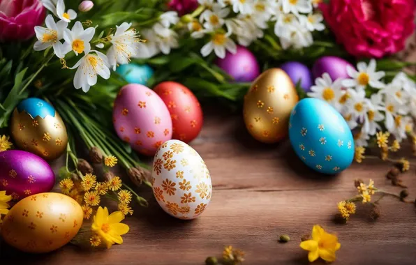 Картинка цветы, яйца, весна, colorful, Пасха, happy, flowers, spring