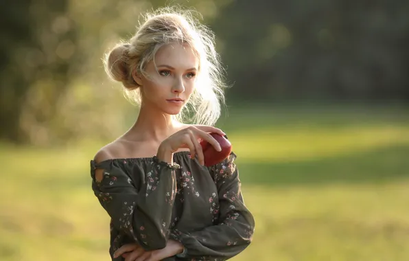 Взгляд, девушка, природа, поза, фото, модель, яблоко, боке