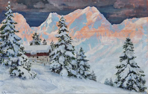 Зима, Горы, Деревья, Снег, Дом, Картина, Alois Arnegger, Алоис Арнеггер