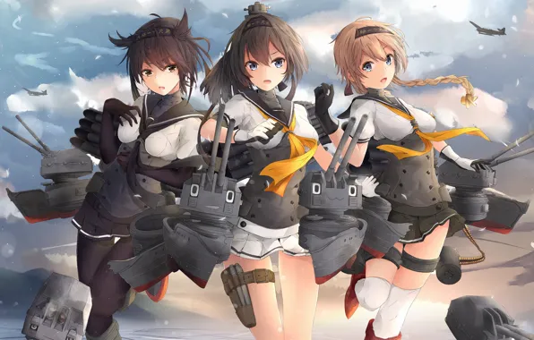 Небо, вода, девушки, anime, art, kantai collection, hatsuzuki, chou-10cm-hou-chan